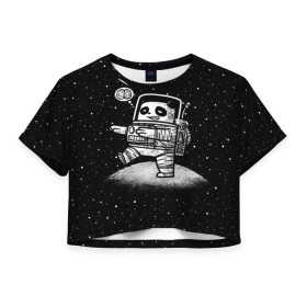 Женская футболка 3D укороченная с принтом Панда лунатик в Новосибирске, 100% полиэстер | круглая горловина, длина футболки до линии талии, рукава с отворотами | astronaut | cosmonaut | cosmos | galaxy | gravity | moon | planet | space | star | universe | астронавт | вселенная | галактика | звезды | космонавт | космос | луна | лунатик