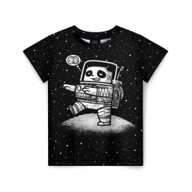 Детская футболка 3D с принтом Панда лунатик в Новосибирске, 100% гипоаллергенный полиэфир | прямой крой, круглый вырез горловины, длина до линии бедер, чуть спущенное плечо, ткань немного тянется | Тематика изображения на принте: astronaut | cosmonaut | cosmos | galaxy | gravity | moon | planet | space | star | universe | астронавт | вселенная | галактика | звезды | космонавт | космос | луна | лунатик
