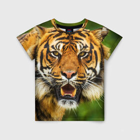 Детская футболка 3D с принтом Тигр в Новосибирске, 100% гипоаллергенный полиэфир | прямой крой, круглый вырез горловины, длина до линии бедер, чуть спущенное плечо, ткань немного тянется | дикая кошка | животное | клыки | лев | тигр. tiger | хищник