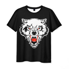 Мужская футболка 3D с принтом Волк в Новосибирске, 100% полиэфир | прямой крой, круглый вырез горловины, длина до линии бедер | animal | background | black | eyes | fangs | head | predator | red | teeth | white | wolf | белый | волк | глаза | голова | животное | зверь | клыки | красные | оскал | фон | хищник | черный