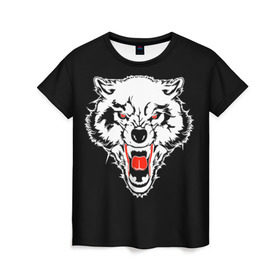 Женская футболка 3D с принтом Волк в Новосибирске, 100% полиэфир ( синтетическое хлопкоподобное полотно) | прямой крой, круглый вырез горловины, длина до линии бедер | animal | background | black | eyes | fangs | head | predator | red | teeth | white | wolf | белый | волк | глаза | голова | животное | зверь | клыки | красные | оскал | фон | хищник | черный