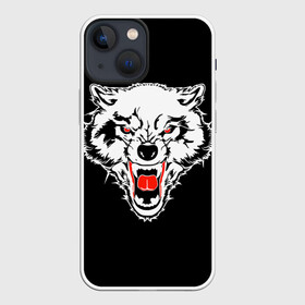 Чехол для iPhone 13 mini с принтом Волк в Новосибирске,  |  | animal | background | black | eyes | fangs | head | predator | red | teeth | white | wolf | белый | волк | глаза | голова | животное | зверь | клыки | красные | оскал | фон | хищник | черный