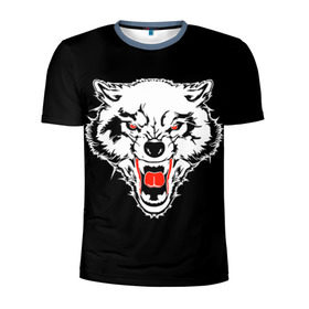 Мужская футболка 3D спортивная с принтом Волк в Новосибирске, 100% полиэстер с улучшенными характеристиками | приталенный силуэт, круглая горловина, широкие плечи, сужается к линии бедра | animal | background | black | eyes | fangs | head | predator | red | teeth | white | wolf | белый | волк | глаза | голова | животное | зверь | клыки | красные | оскал | фон | хищник | черный