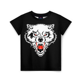 Детская футболка 3D с принтом Волк в Новосибирске, 100% гипоаллергенный полиэфир | прямой крой, круглый вырез горловины, длина до линии бедер, чуть спущенное плечо, ткань немного тянется | animal | background | black | eyes | fangs | head | predator | red | teeth | white | wolf | белый | волк | глаза | голова | животное | зверь | клыки | красные | оскал | фон | хищник | черный