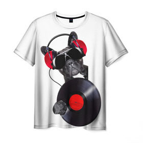 Мужская футболка 3D с принтом DJ бульдог в Новосибирске, 100% полиэфир | прямой крой, круглый вырез горловины, длина до линии бедер | Тематика изображения на принте: бульдог | винил | диджей | музыка | наушники | очки | пёс | пластинка | собака | юмор