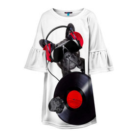 Детское платье 3D с принтом DJ бульдог в Новосибирске, 100% полиэстер | прямой силуэт, чуть расширенный к низу. Круглая горловина, на рукавах — воланы | бульдог | винил | диджей | музыка | наушники | очки | пёс | пластинка | собака | юмор