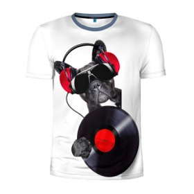 Мужская футболка 3D спортивная с принтом DJ бульдог в Новосибирске, 100% полиэстер с улучшенными характеристиками | приталенный силуэт, круглая горловина, широкие плечи, сужается к линии бедра | бульдог | винил | диджей | музыка | наушники | очки | пёс | пластинка | собака | юмор