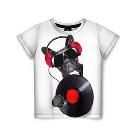Детская футболка 3D с принтом DJ бульдог в Новосибирске, 100% гипоаллергенный полиэфир | прямой крой, круглый вырез горловины, длина до линии бедер, чуть спущенное плечо, ткань немного тянется | бульдог | винил | диджей | музыка | наушники | очки | пёс | пластинка | собака | юмор