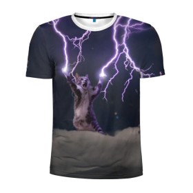 Мужская футболка 3D спортивная с принтом Грозовой кошак в Новосибирске, 100% полиэстер с улучшенными характеристиками | приталенный силуэт, круглая горловина, широкие плечи, сужается к линии бедра | lightning cat