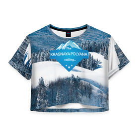 Женская футболка 3D укороченная с принтом Красная поляна в Новосибирске, 100% полиэстер | круглая горловина, длина футболки до линии талии, рукава с отворотами | горнолыжный курорт | горы | зима | красная поляна | лыжи | парк | роза хуторов | снег | сноутборд | сочи