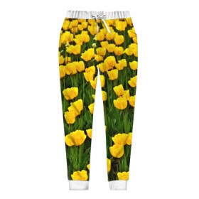 Женские брюки 3D с принтом Жёлтые тюльпаны в Новосибирске, полиэстер 100% | прямой крой, два кармана без застежек по бокам, с мягкой трикотажной резинкой на поясе и по низу штанин. В поясе для дополнительного комфорта — широкие завязки | поле | цветы | яркий