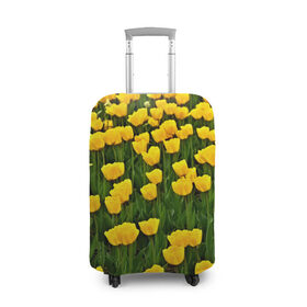 Чехол для чемодана 3D с принтом Жёлтые тюльпаны в Новосибирске, 86% полиэфир, 14% спандекс | двустороннее нанесение принта, прорези для ручек и колес | поле | цветы | яркий