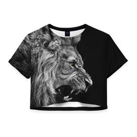 Женская футболка 3D укороченная с принтом Лев в Новосибирске, 100% полиэстер | круглая горловина, длина футболки до линии талии, рукава с отворотами |  грива | большая кошка | животное | зверь | зоопарк | зубы | клыки | король | лев | львица | оскал | охота | охотник | природа | рёв | рык | рычание | рычит | саванна | сафари | сила | хищник | царь