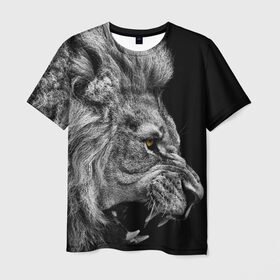 Мужская футболка 3D с принтом Лев в Новосибирске, 100% полиэфир | прямой крой, круглый вырез горловины, длина до линии бедер |  грива | большая кошка | животное | зверь | зоопарк | зубы | клыки | король | лев | львица | оскал | охота | охотник | природа | рёв | рык | рычание | рычит | саванна | сафари | сила | хищник | царь