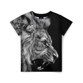 Детская футболка 3D с принтом Лев в Новосибирске, 100% гипоаллергенный полиэфир | прямой крой, круглый вырез горловины, длина до линии бедер, чуть спущенное плечо, ткань немного тянется |  грива | большая кошка | животное | зверь | зоопарк | зубы | клыки | король | лев | львица | оскал | охота | охотник | природа | рёв | рык | рычание | рычит | саванна | сафари | сила | хищник | царь
