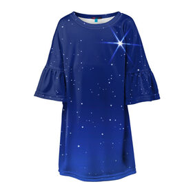 Детское платье 3D с принтом Звезда пленительного счастья в Новосибирске, 100% полиэстер | прямой силуэт, чуть расширенный к низу. Круглая горловина, на рукавах — воланы | блеск | галактика | звёзды | космос | лучи | небо | ночь