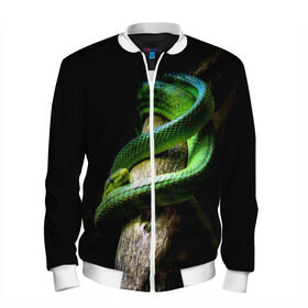 Мужской бомбер 3D с принтом Змея на груди в Новосибирске, 100% полиэстер | застегивается на молнию, по бокам два кармана без застежек, по низу бомбера и на воротнике - эластичная резинка | Тематика изображения на принте: гадюка | дерево | джунгли | зелёный змей | змея | кобра | природа | удав