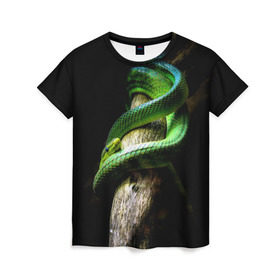 Женская футболка 3D с принтом Змея на груди в Новосибирске, 100% полиэфир ( синтетическое хлопкоподобное полотно) | прямой крой, круглый вырез горловины, длина до линии бедер | гадюка | дерево | джунгли | зелёный змей | змея | кобра | природа | удав