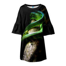 Детское платье 3D с принтом Змея на груди в Новосибирске, 100% полиэстер | прямой силуэт, чуть расширенный к низу. Круглая горловина, на рукавах — воланы | Тематика изображения на принте: гадюка | дерево | джунгли | зелёный змей | змея | кобра | природа | удав