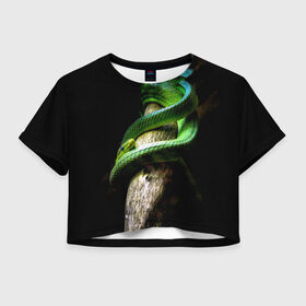 Женская футболка 3D укороченная с принтом Змея на груди в Новосибирске, 100% полиэстер | круглая горловина, длина футболки до линии талии, рукава с отворотами | гадюка | дерево | джунгли | зелёный змей | змея | кобра | природа | удав