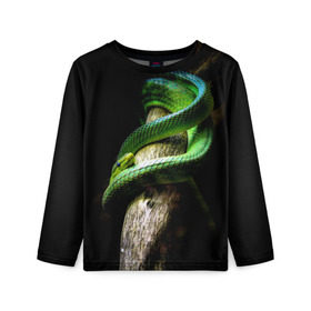 Детский лонгслив 3D с принтом Змея на груди в Новосибирске, 100% полиэстер | длинные рукава, круглый вырез горловины, полуприлегающий силуэт
 | Тематика изображения на принте: гадюка | дерево | джунгли | зелёный змей | змея | кобра | природа | удав
