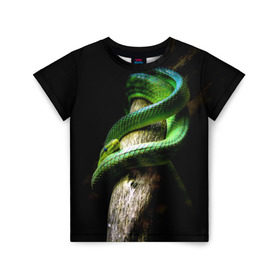 Детская футболка 3D с принтом Змея на груди в Новосибирске, 100% гипоаллергенный полиэфир | прямой крой, круглый вырез горловины, длина до линии бедер, чуть спущенное плечо, ткань немного тянется | Тематика изображения на принте: гадюка | дерево | джунгли | зелёный змей | змея | кобра | природа | удав