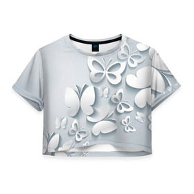 Женская футболка 3D укороченная с принтом Белоснежные бабочки в Новосибирске, 100% полиэстер | круглая горловина, длина футболки до линии талии, рукава с отворотами | бабочка | девушка | кружево. красота | нежность | полёт
