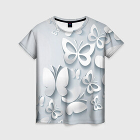 Женская футболка 3D с принтом Белоснежные бабочки в Новосибирске, 100% полиэфир ( синтетическое хлопкоподобное полотно) | прямой крой, круглый вырез горловины, длина до линии бедер | бабочка | девушка | кружево. красота | нежность | полёт