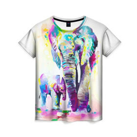 Женская футболка 3D с принтом Слоны в Новосибирске, 100% полиэфир ( синтетическое хлопкоподобное полотно) | прямой крой, круглый вырез горловины, длина до линии бедер | animal | art | bright | child | color | elephants | family | mother | rainbow | spectrum | животные | искусство | мама | радуга | ребенок | семья | слоны | спектр | цвета | яркие