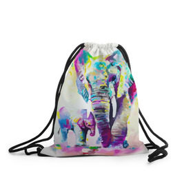 Рюкзак-мешок 3D с принтом Слоны в Новосибирске, 100% полиэстер | плотность ткани — 200 г/м2, размер — 35 х 45 см; лямки — толстые шнурки, застежка на шнуровке, без карманов и подкладки | animal | art | bright | child | color | elephants | family | mother | rainbow | spectrum | животные | искусство | мама | радуга | ребенок | семья | слоны | спектр | цвета | яркие