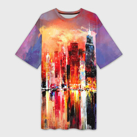 Платье-футболка 3D с принтом Ночной город в Новосибирске,  |  | art | bright | buildings | city | color | night | painting | red | reflection | river | sunset | water | вода | город | закат | здания | искусство | картина | красный | ночь | отражение | река | цвета | яркие