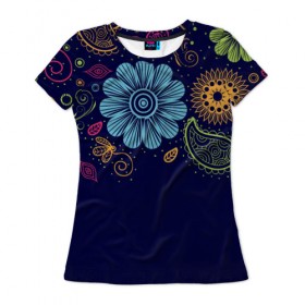 Женская футболка 3D с принтом Яркие чувства в Новосибирске, 100% полиэфир ( синтетическое хлопкоподобное полотно) | прямой крой, круглый вырез горловины, длина до линии бедер | нежный | орнамент | узор | цветочный