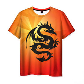 Мужская футболка 3D с принтом Дракон в Новосибирске, 100% полиэфир | прямой крой, круглый вырез горловины, длина до линии бедер | Тематика изображения на принте: дракон | китай | крылья | огонь | ящерица
