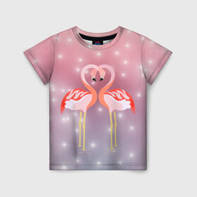 Детская футболка 3D с принтом Влюбленные фламинго в Новосибирске, 100% гипоаллергенный полиэфир | прямой крой, круглый вырез горловины, длина до линии бедер, чуть спущенное плечо, ткань немного тянется | 14 февраля | день всех влюбленных | любовь | птицы | фламинго