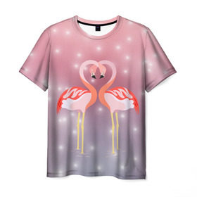 Мужская футболка 3D с принтом Влюбленные фламинго в Новосибирске, 100% полиэфир | прямой крой, круглый вырез горловины, длина до линии бедер | 14 февраля | день всех влюбленных | любовь | птицы | фламинго