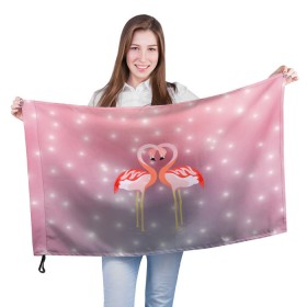 Флаг 3D с принтом Влюбленные фламинго в Новосибирске, 100% полиэстер | плотность ткани — 95 г/м2, размер — 67 х 109 см. Принт наносится с одной стороны | 14 февраля | день всех влюбленных | любовь | птицы | фламинго