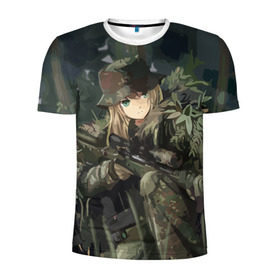Мужская футболка 3D спортивная с принтом Девушка с оружием в Новосибирске, 100% полиэстер с улучшенными характеристиками | приталенный силуэт, круглая горловина, широкие плечи, сужается к линии бедра | anime | eyes | forest camouflage | girl | green | guns | japanese | rifle | sniper | аниме | винтовка | глаза | девушка | зеленые | камуфляж | лес | оружие | снайпер | японская