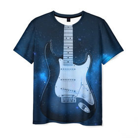 Мужская футболка 3D с принтом Космическая гитара в Новосибирске, 100% полиэфир | прямой крой, круглый вырез горловины, длина до линии бедер | Тематика изображения на принте: fender | stratocaster | вселенная | галактика | гитра | космос | музыка | рок | рокнрол | стратокастер | туманность | фендер | электро | электрогитара