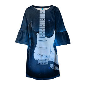Детское платье 3D с принтом Космическая гитара в Новосибирске, 100% полиэстер | прямой силуэт, чуть расширенный к низу. Круглая горловина, на рукавах — воланы | fender | stratocaster | вселенная | галактика | гитра | космос | музыка | рок | рокнрол | стратокастер | туманность | фендер | электро | электрогитара