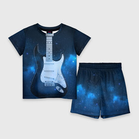 Детский костюм с шортами 3D с принтом Космическая гитара в Новосибирске,  |  | fender | stratocaster | вселенная | галактика | гитра | космос | музыка | рок | рокнрол | стратокастер | туманность | фендер | электро | электрогитара