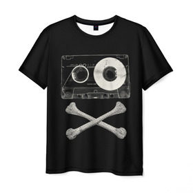 Мужская футболка 3D с принтом Pirate Music в Новосибирске, 100% полиэфир | прямой крой, круглый вырез горловины, длина до линии бедер | Тематика изображения на принте: 80s | 90s | bone | dance | disco | music | pirate | retro | skelet | skull | tape | диско | кассета | кости | музыка | пират | ретро | скелет | череп