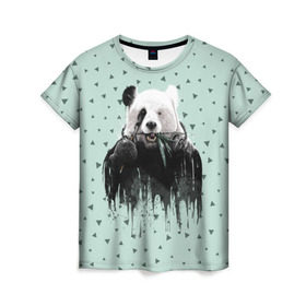 Женская футболка 3D с принтом Панда-художник в Новосибирске, 100% полиэфир ( синтетическое хлопкоподобное полотно) | прямой крой, круглый вырез горловины, длина до линии бедер | animal | art | artist | bear | beast | design | panda | style | арт | дизайн | животное | зверь | кисть | краски | медведь | панда | стиль | художник