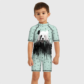 Детский купальный костюм 3D с принтом Панда-художник в Новосибирске, Полиэстер 85%, Спандекс 15% | застежка на молнии на спине | animal | art | artist | bear | beast | design | panda | style | арт | дизайн | животное | зверь | кисть | краски | медведь | панда | стиль | художник
