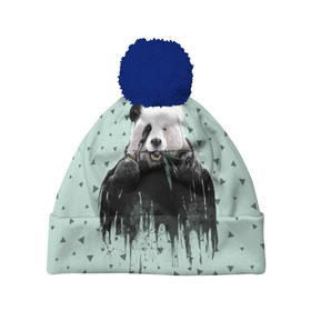 Шапка 3D c помпоном с принтом Панда-художник в Новосибирске, 100% полиэстер | универсальный размер, печать по всей поверхности изделия | Тематика изображения на принте: animal | art | artist | bear | beast | design | panda | style | арт | дизайн | животное | зверь | кисть | краски | медведь | панда | стиль | художник
