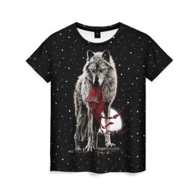 Женская футболка 3D с принтом Серый волк в Новосибирске, 100% полиэфир ( синтетическое хлопкоподобное полотно) | прямой крой, круглый вырез горловины, длина до линии бедер | angry | animal | beast | heaven | moon | night | rage | sky | star | wild | wolf | волк | дикий | животное | звезды | зверь | злость | красная шапочка | луна | небеса | небо | ночь | сказка | ярость