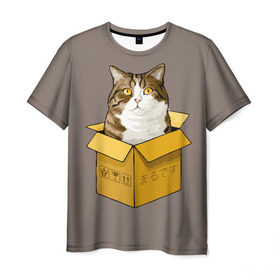Мужская футболка 3D с принтом Maru в Новосибирске, 100% полиэфир | прямой крой, круглый вырез горловины, длина до линии бедер | cat | maru | коробка | кот в коробке | кот мару | котейка | кошка | мару | прикол
