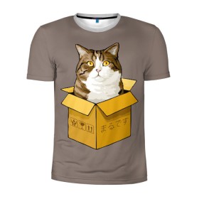 Мужская футболка 3D спортивная с принтом Maru в Новосибирске, 100% полиэстер с улучшенными характеристиками | приталенный силуэт, круглая горловина, широкие плечи, сужается к линии бедра | Тематика изображения на принте: cat | maru | коробка | кот в коробке | кот мару | котейка | кошка | мару | прикол
