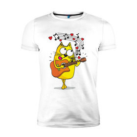 Мужская футболка премиум с принтом Кот с гитарой в Новосибирске, 92% хлопок, 8% лайкра | приталенный силуэт, круглый вырез ворота, длина до линии бедра, короткий рукав | cat | kitten | кoтенок | киса | кот | котик | котэ | котяра | кошечка