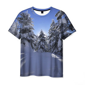 Мужская футболка 3D с принтом Зимний лес в Новосибирске, 100% полиэфир | прямой крой, круглый вырез горловины, длина до линии бедер | времена года | ель | зима | леса | лучи света | природа | снег