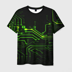 Мужская футболка 3D с принтом Tehnology в Новосибирске, 100% полиэфир | прямой крой, круглый вырез горловины, длина до линии бедер | зеленый | микросхема | черный